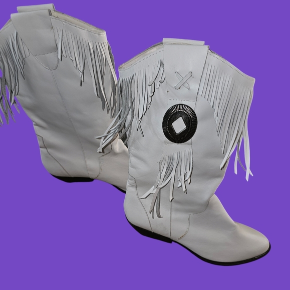 Fringed Concho Womens White Boots 10 Leather Craft - Picture 1 of 2